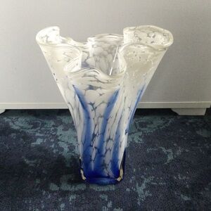 Glass Vase Blown Glass White and Blue Splatter 10" Handkerchief Ruffle